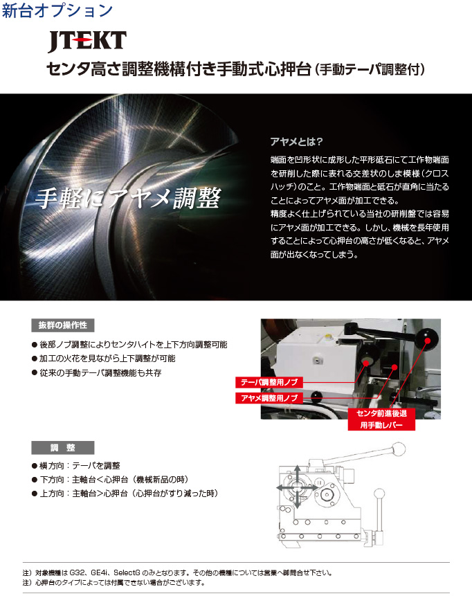 センタ高さ調整機構付き手動式心押台（手動テーパ調整付）